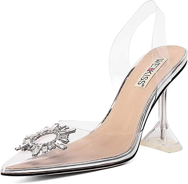 wetkiss Women's Clear Heels Shoes, Transparent PVC Crystal Rhinestones Slingback Wedding Pointed Toe | Amazon (US)