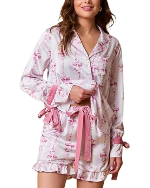 Womens Silk Christmas Pajamas Satin 2 Piece Xmas Bow Tie Pjs Long Sleeve Button down Shirt Lounge... | Amazon (US)