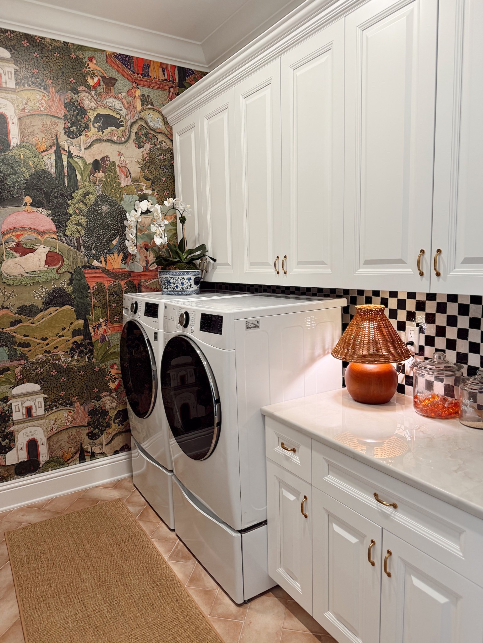 Laundry room wallpaper wall mural Anthropologie blue and white chinoiserie orchid planter faux orchid plant lamp rustic modern  

#LTKdayinmylife #LTKHome #LTKOver40