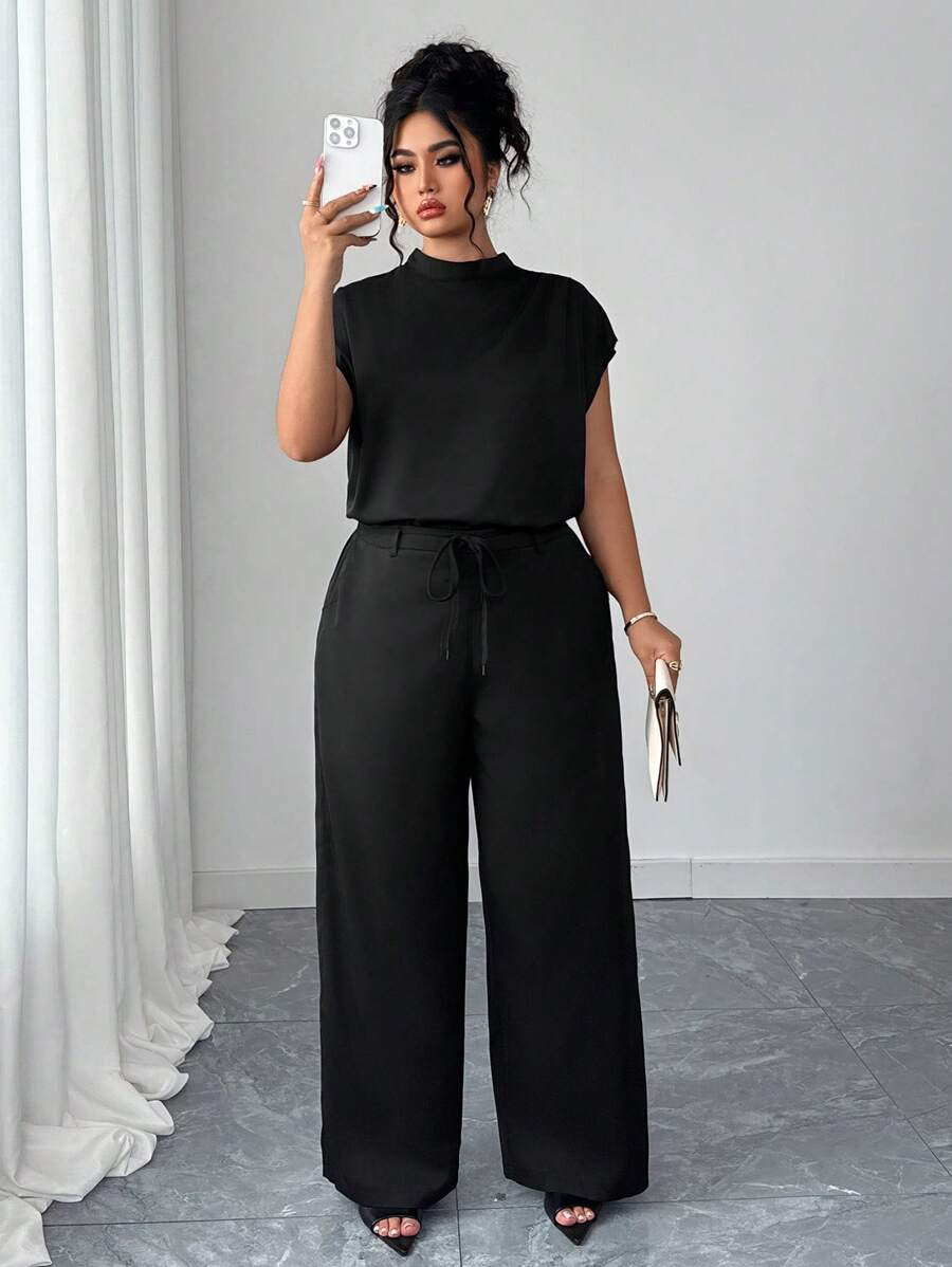 Elenzga 2pcs/Set Plus Size Elegant Black Summer Formal Smart Casual Evening Office Work Sleeveles... | SHEIN