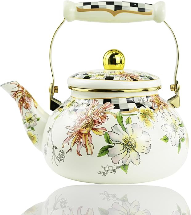 Floral Enamel Tea Kettle Bohemian Vintage Teapot Hot Water Coffee Kettle Pot 2.5L Porcelain Beige... | Amazon (US)