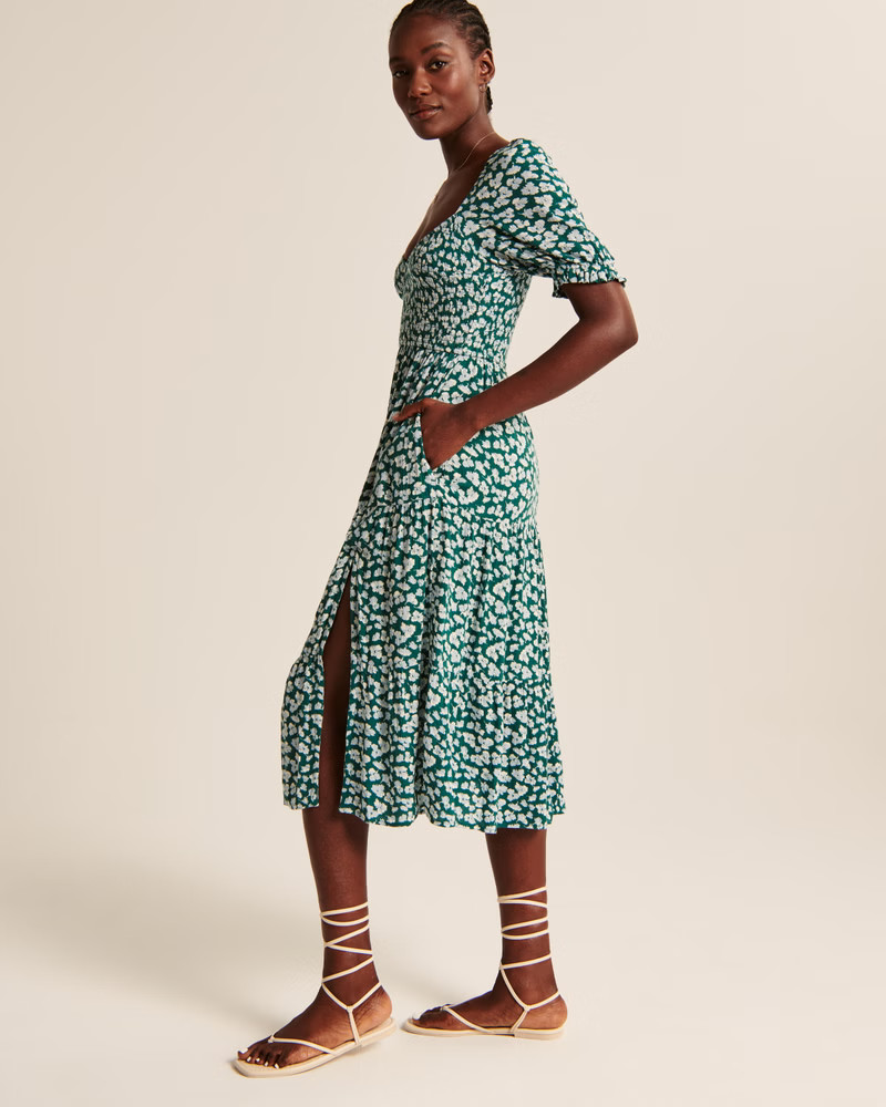 Women's Short-Sleeve Smocked Midi Dress | Women's Dresses & Jumpsuits | Abercrombie.com | Abercrombie & Fitch (US)