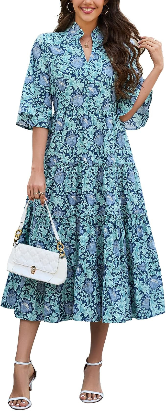 Women's Floral Ruffle Midi Dress V Neck Bell Sleeve Flowy Tiered Long Dress | Amazon (US)