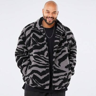 Plus Size Men's Casual Fluffy Zebra Pattern Fleece Lined Long Sleeve Jacket | SHEIN
