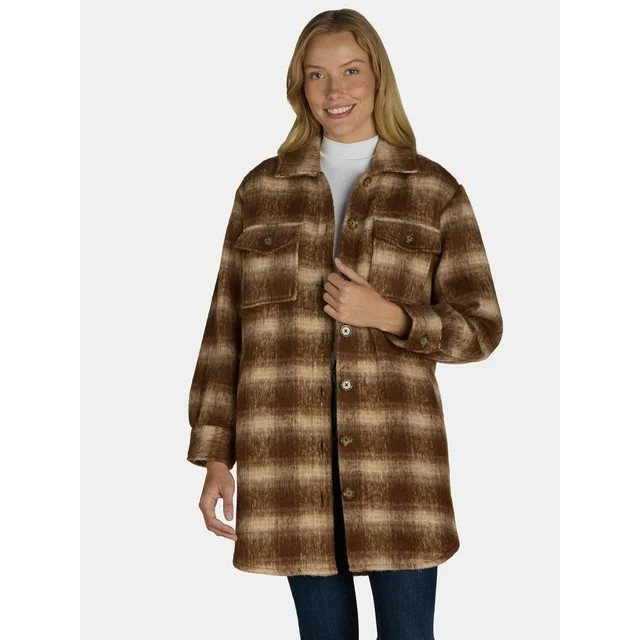 Time and Tru Women's Brushed Longline Plaid Shacket, S-XXXL | Walmart (US)