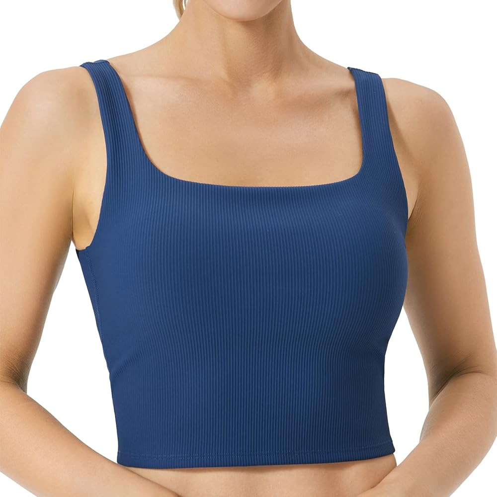 FITTIN Women's Longline Sports Bra - Ribbed Tank Top Built in Bra Workout Camisole Crop Tops - Sq... | Amazon (US)