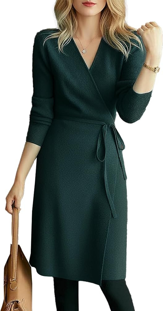 LAI MENG FIVE CATS Women's Fall Knit Dress V Neck Long Sleeve Sweater Casual Wrap Midi Dress | Amazon (US)