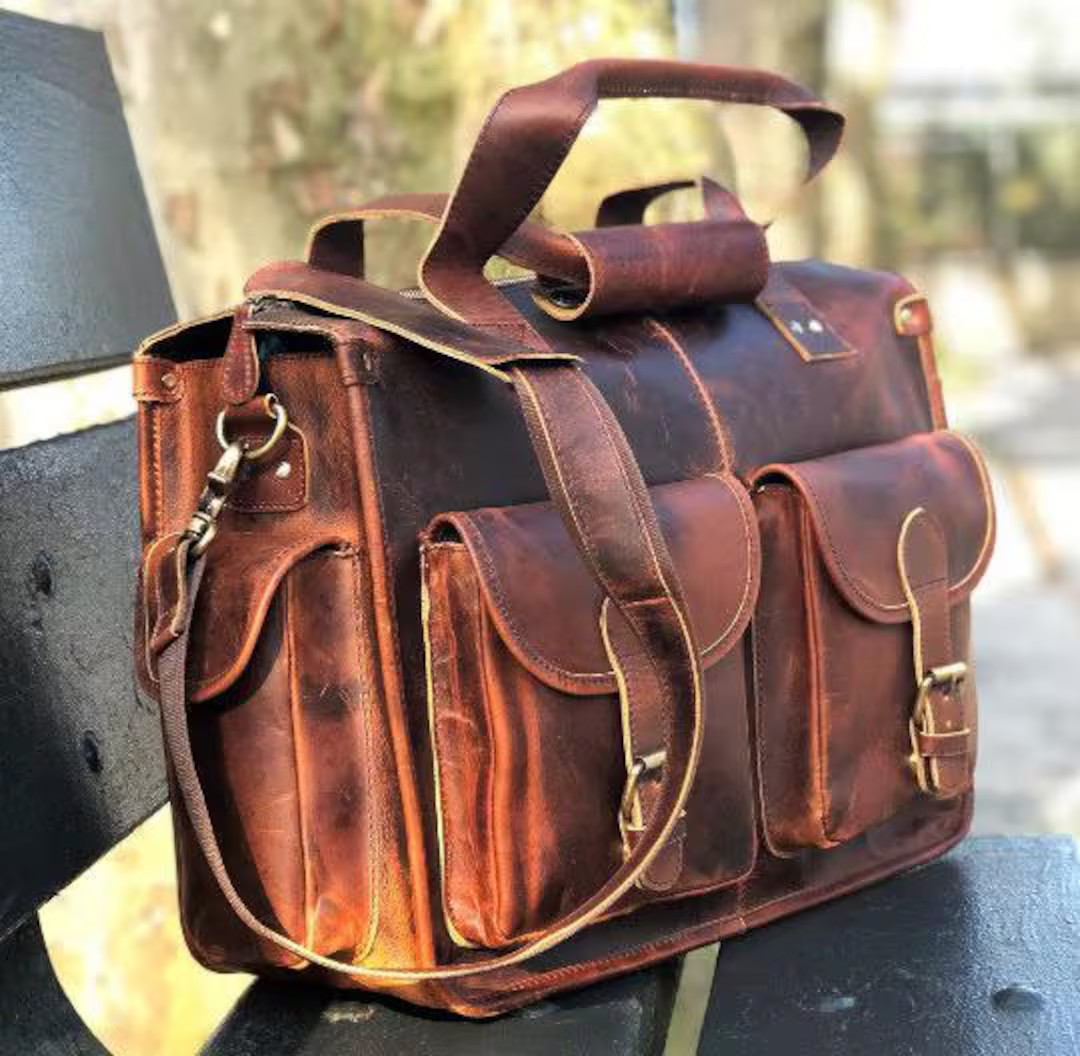 Personalized Large Leather Briefcase for Men, 17" Travel Leather Briefcase Laptop Bag, Full Grain... | Etsy (US)