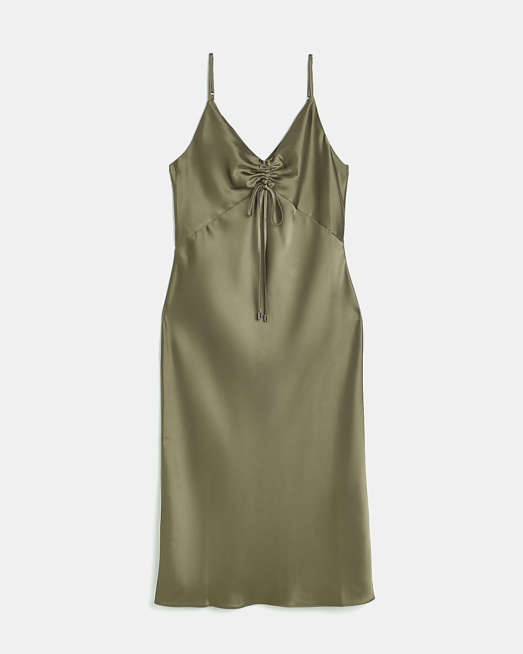 Khaki satin ruched slip midi dress | River Island (UK & IE)