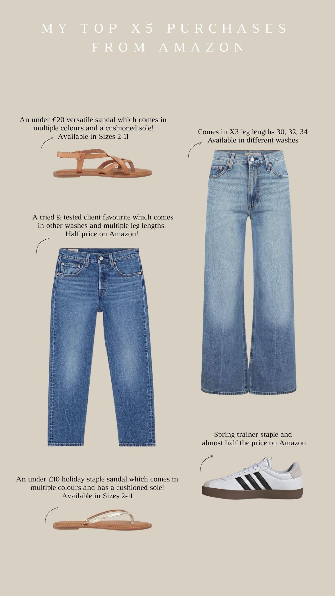 My Top X5 Purchases from Amazon! 

Amazon Fashion Favourites, Spring Wardrobe Staples, Jeans Outfit, Straight Leg Jeans Style, Versatile Sandal Find, Under £20 Sandals, Holiday Flip Flop Staple, Everyday White Trainers, Wardrobe Staples  

 #LTKuk #LTKspring #LTKsummer