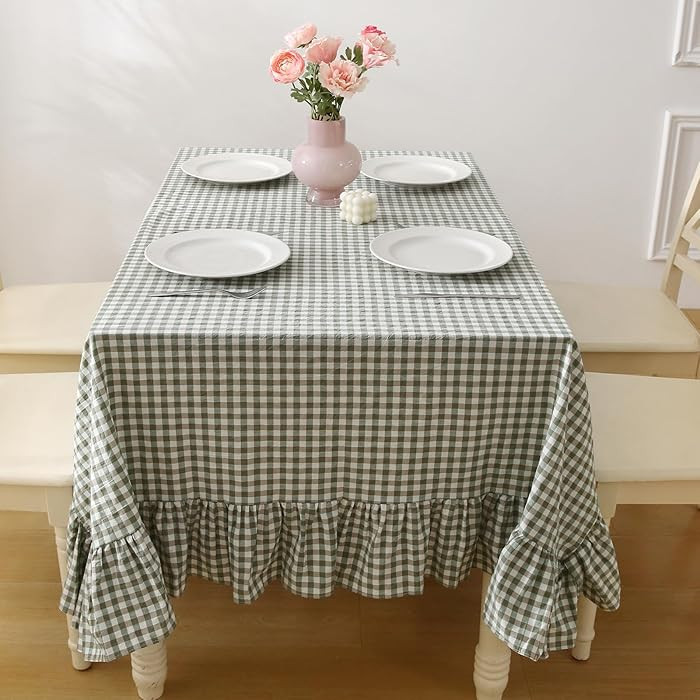 Sage Green Gingham Ruffled Table Cloth for Rectangle Table Seat 4-6, 100% Washed Cotton Classic F... | Amazon (US)