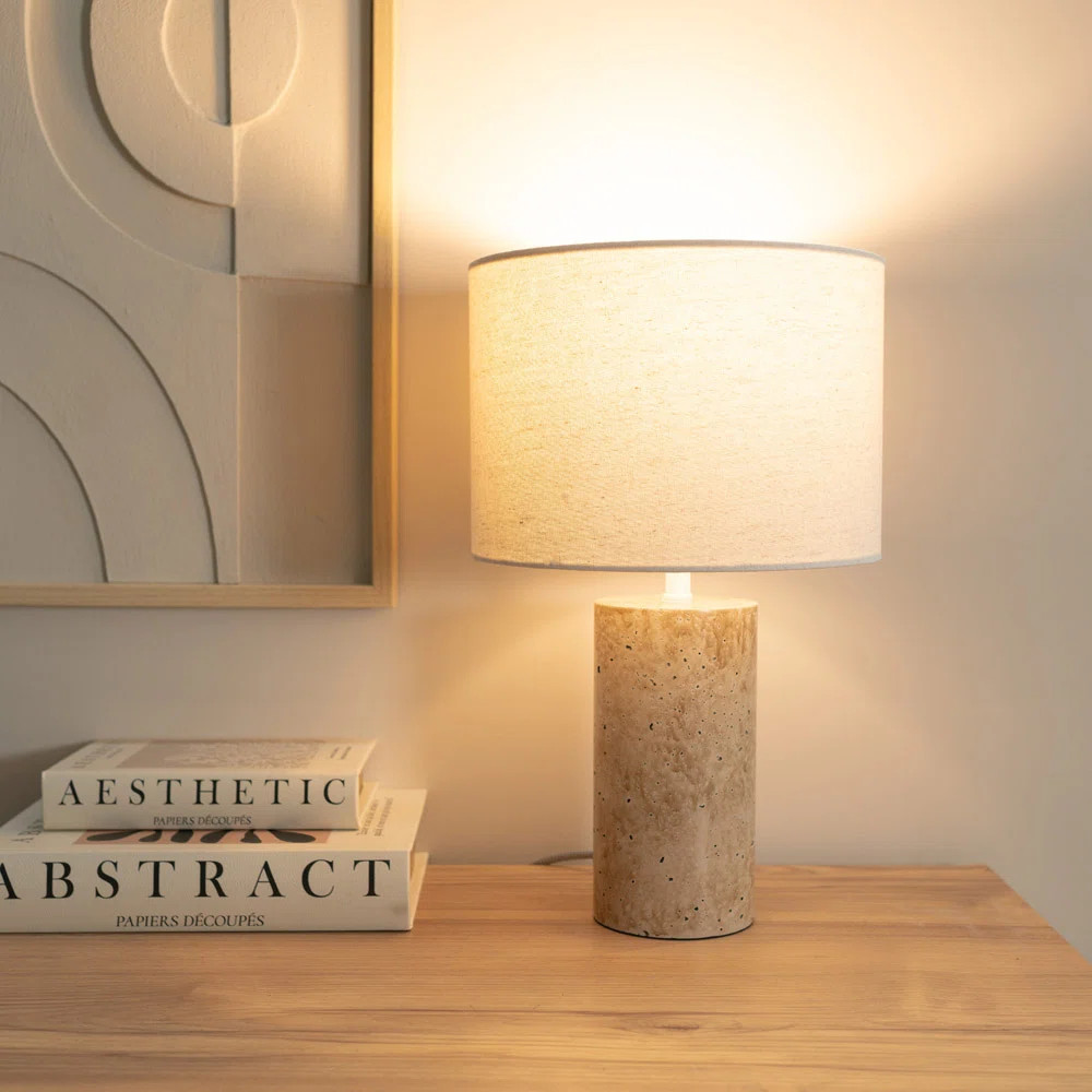 Cristalyn Marble Effect Natural Table Lamp with Drum Shade | Wayfair UK