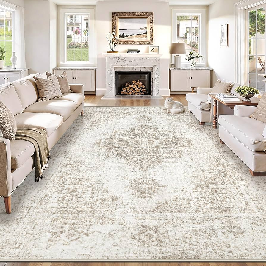 8x10 Area Rugs for Living Room, Washable Vintage Boho Neutral Medallion Rug Non Slip Low Pile Flo... | Amazon (US)