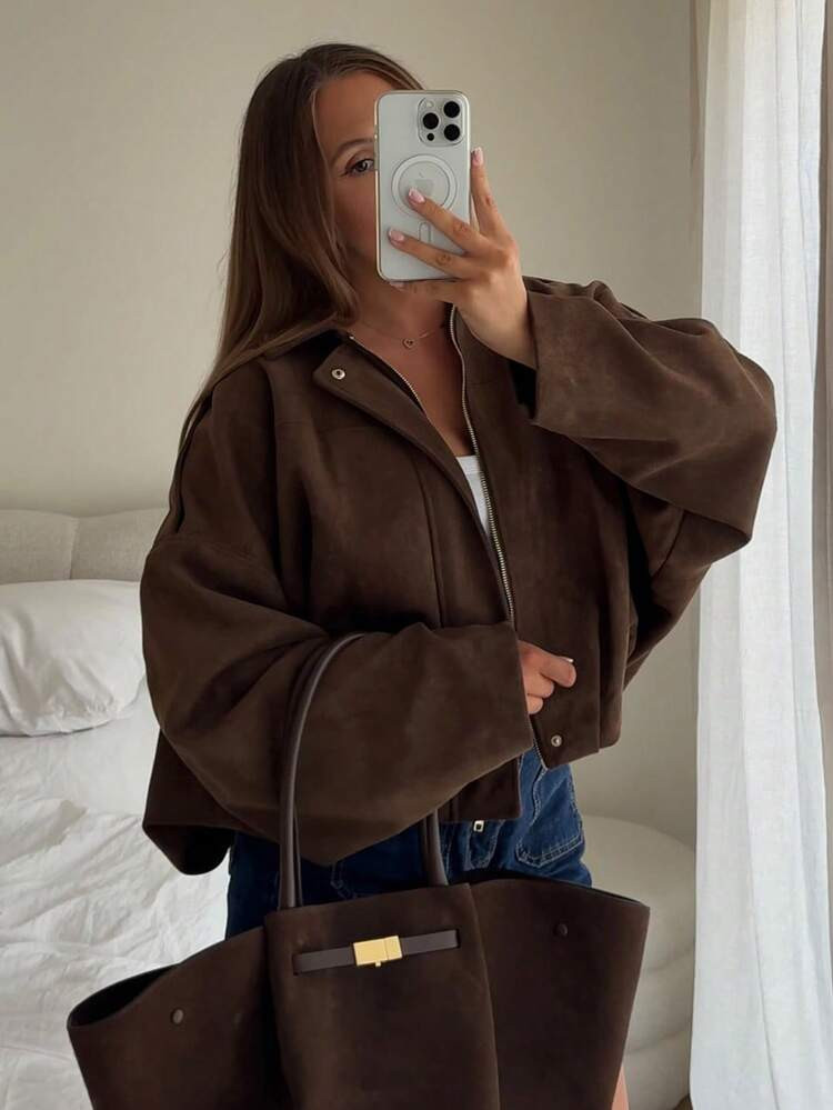 Turndoen Collar Jacket Brown | SHEIN