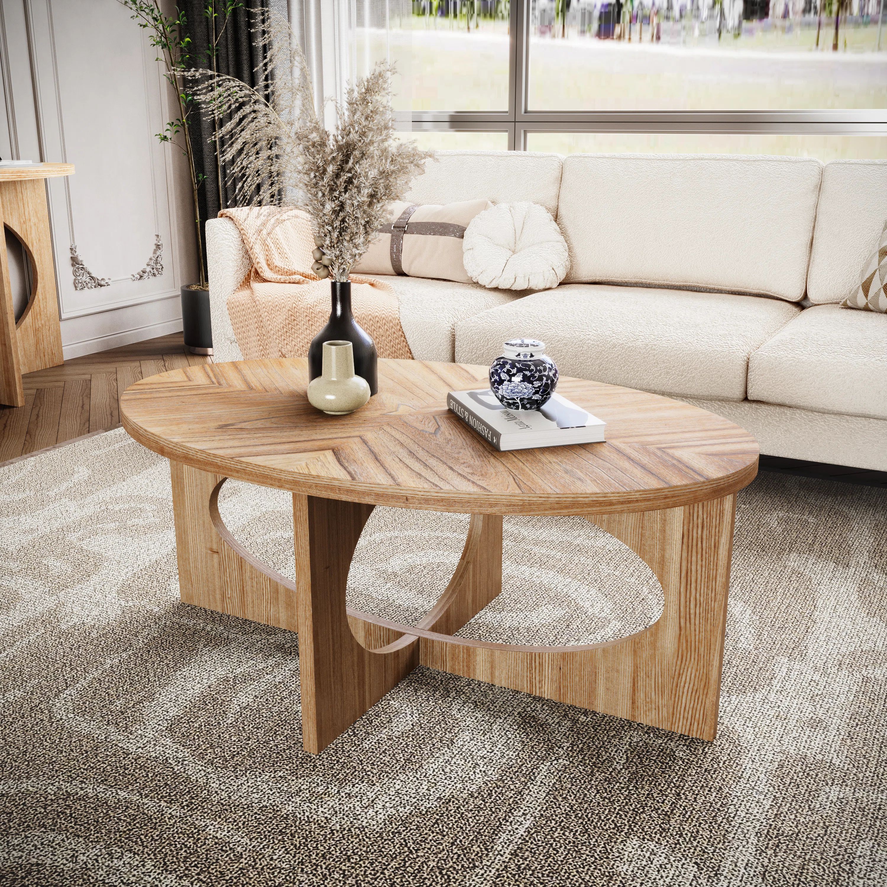 Corrigan Studio® Lamanuel Cross Legs Oval Coffee Table with Wood Grain Top For Living Room | Way... | Wayfair North America