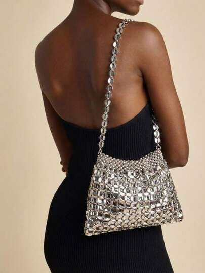Glamine 1pc Fashionable Luxury Shiny Silver Hollow Beaded Flat Bag, Decorated With Pleated Cloud Pattern, Women's Shoulder Bag, Suitable For Attending Formal Events, Fashion Activities, And Gifting To Friends - Size one-size | SHEIN