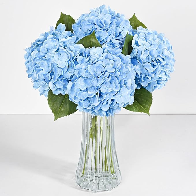 4 Pcs Blue Hydrangea Artificial Flowers, Latex Real Touch Hydrangea Flowers, 19.6'' Full Faux Hyd... | Amazon (US)
