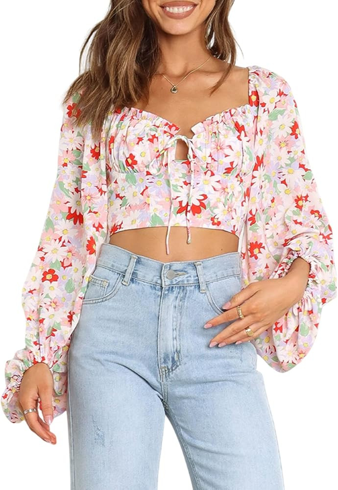 AlvaQ Blouses for Women Puff Long Sleeve Square Neck Floral Crop Tops Fashion Shirts Top for Wome... | Amazon (US)