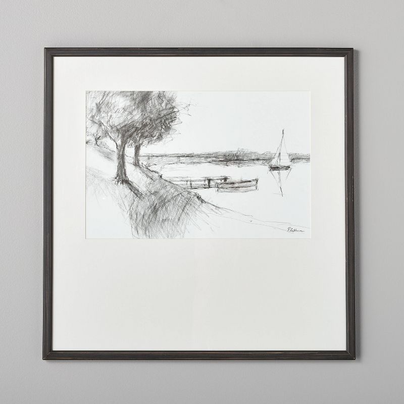 24"x24" Waterfront Landscape Sketch Framed Wall Art Black/White - Hearth & Hand™ with Magnolia | Target