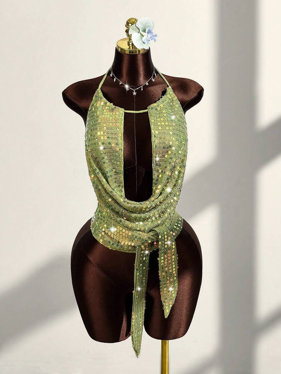 Amplova Summer Outfits For Women Vacation Coachella Halter Women's Draped Neck Tie Back Sexy Cami... | SHEIN