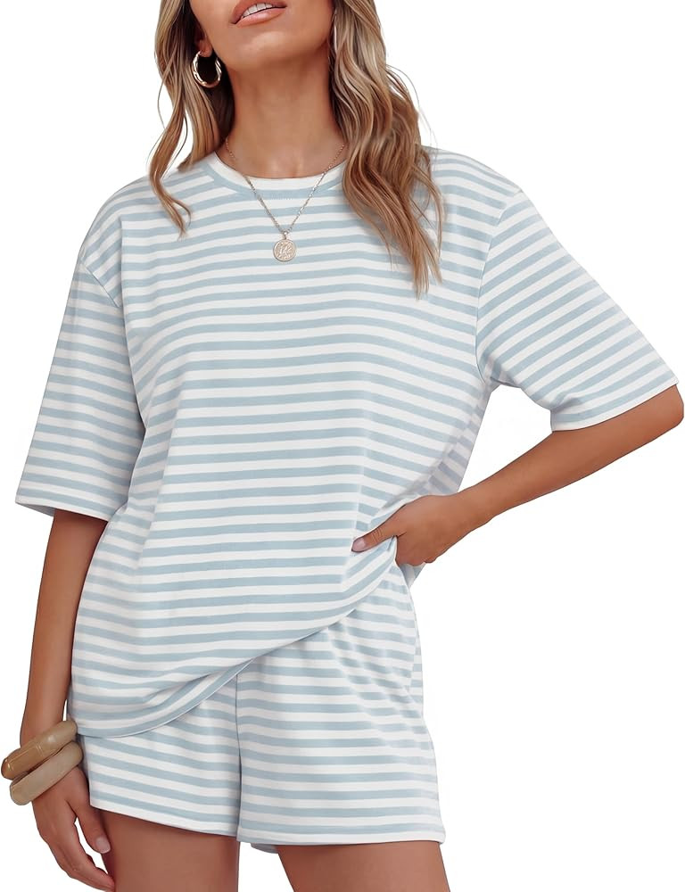 ZESICA Womens Summer 2 Piece Short Sets Striped Oversized Matching Lounge Airport Travel Workout ... | Amazon (US)