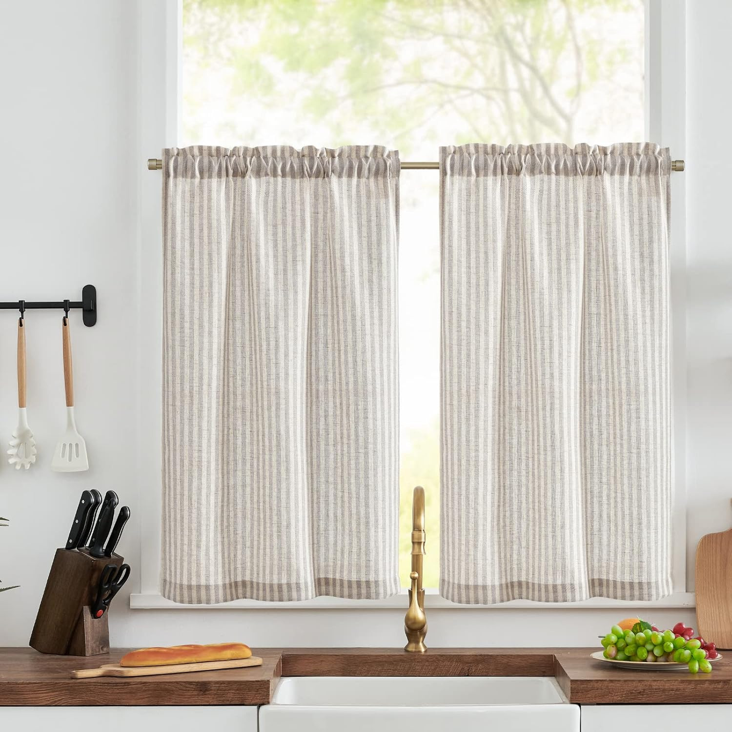 TOPICK Striped Small Kitchen Curtains 36 Inch Drop Translucent Short Cafe Curtains Flax Light Fil... | Amazon (UK)