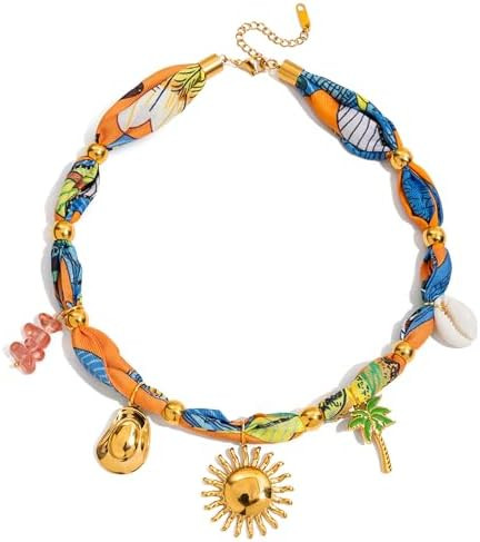 Boho Scarf Choker Necklace for Women - Beach Gold Sun Shell Hat Coconut Tree Heart Shell Starfish... | Amazon (US)