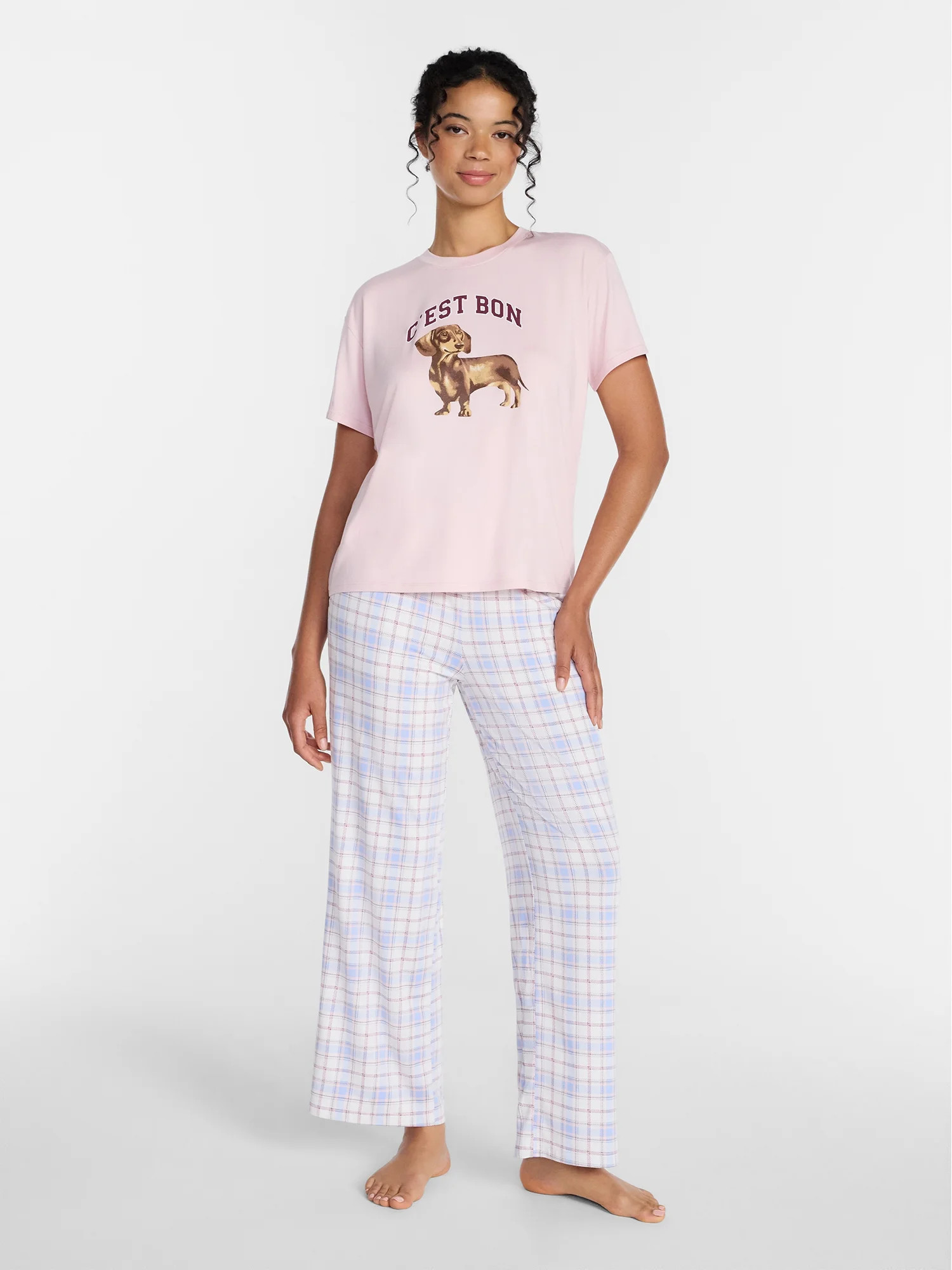 Joyspun Women's Dreamy Soft Collection Short Sleeve Sleep Top and Open Leg Pants Pajama Set, 2-Piece, Sizes XS-3X - Walmart.com | Walmart (US)