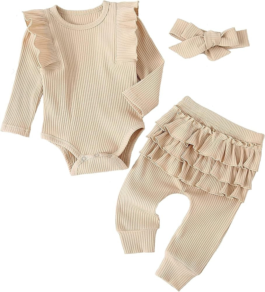 Genmoral Baby Girls 3pcs Rib Frill Long Sleeve Romper and Pant Set | Amazon (US)