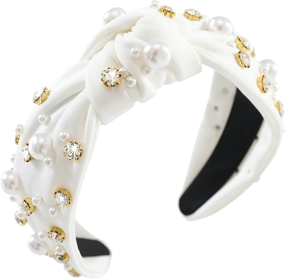 Pearl Knotted Women Headband Sparkle Rhinestone Jeweled Headband Wide Knot Crystal Embellished Ha... | Amazon (US)