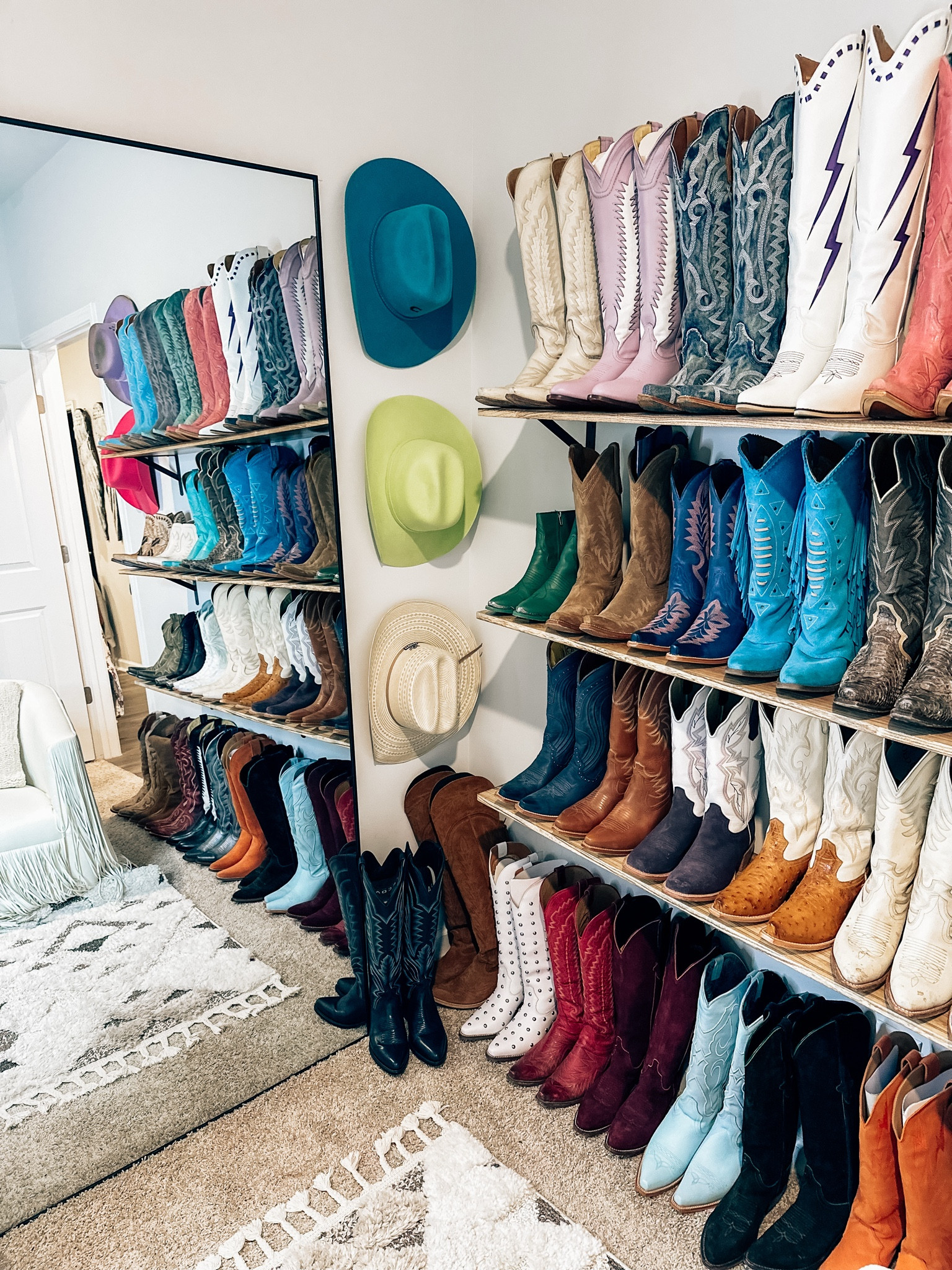 My content room, walk-in closet or length mirror shell my boot shelf hooks through my cowgirl hat, and my shaggy western rug all from Amazon

#LTKFindsUnder50 #LTKHome #LTKFamily