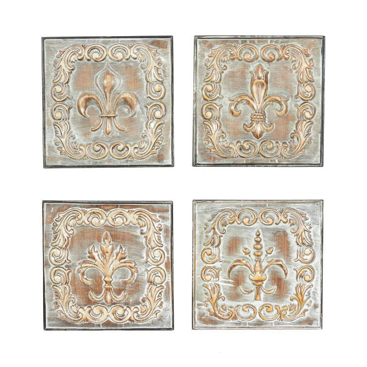 Metal Fleur De Lis Embossed Wall Decor Set of 4 Brass - Olivia & May | Target