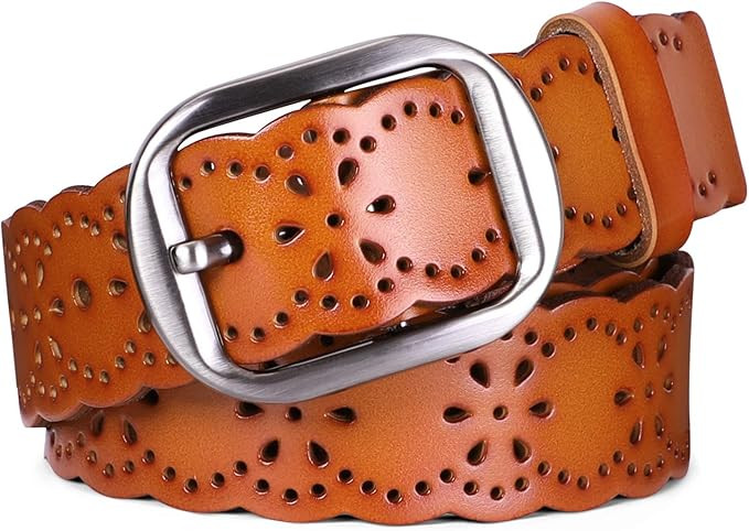 JASGOOD Women's Hollow Flower Genuine Leather Belt for Jeans Pants Wide Belt for Ladies | Amazon (US)