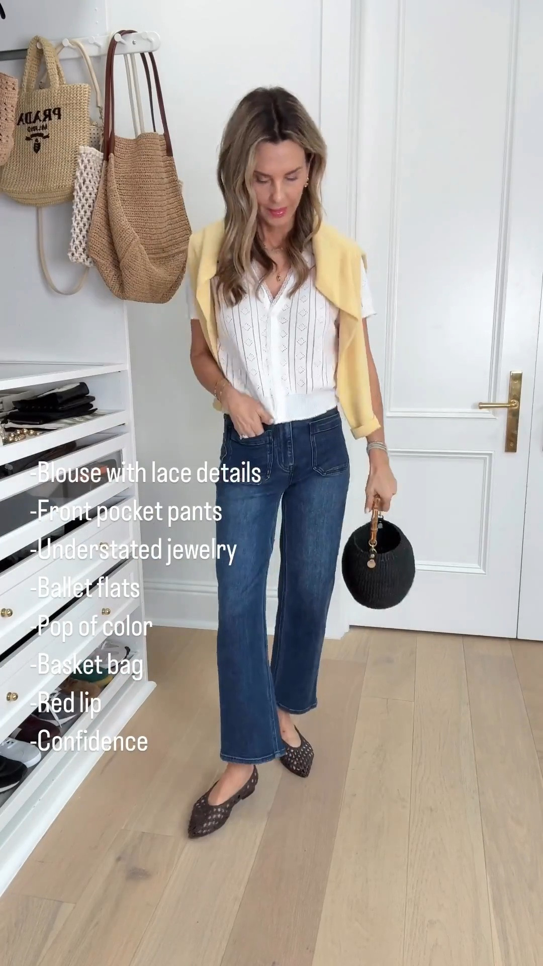 -Jeans $50, TTS 
-white blouse sz S
-Yellow cashmere sweater $50
-Woven shoes TTS, best for a wide foot. They will stretch a little. 
-red plumping lip oil gloss
-Basket bag 
-AUrate code Tammy20