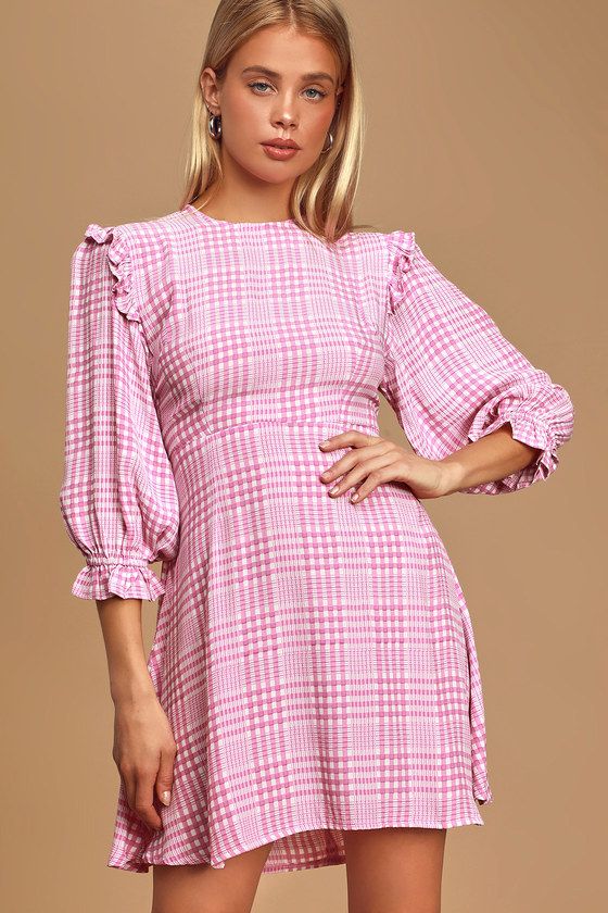 Edwina Pink Plaid Ruffled Puff Sleeve Mini Dress | Lulus (US)