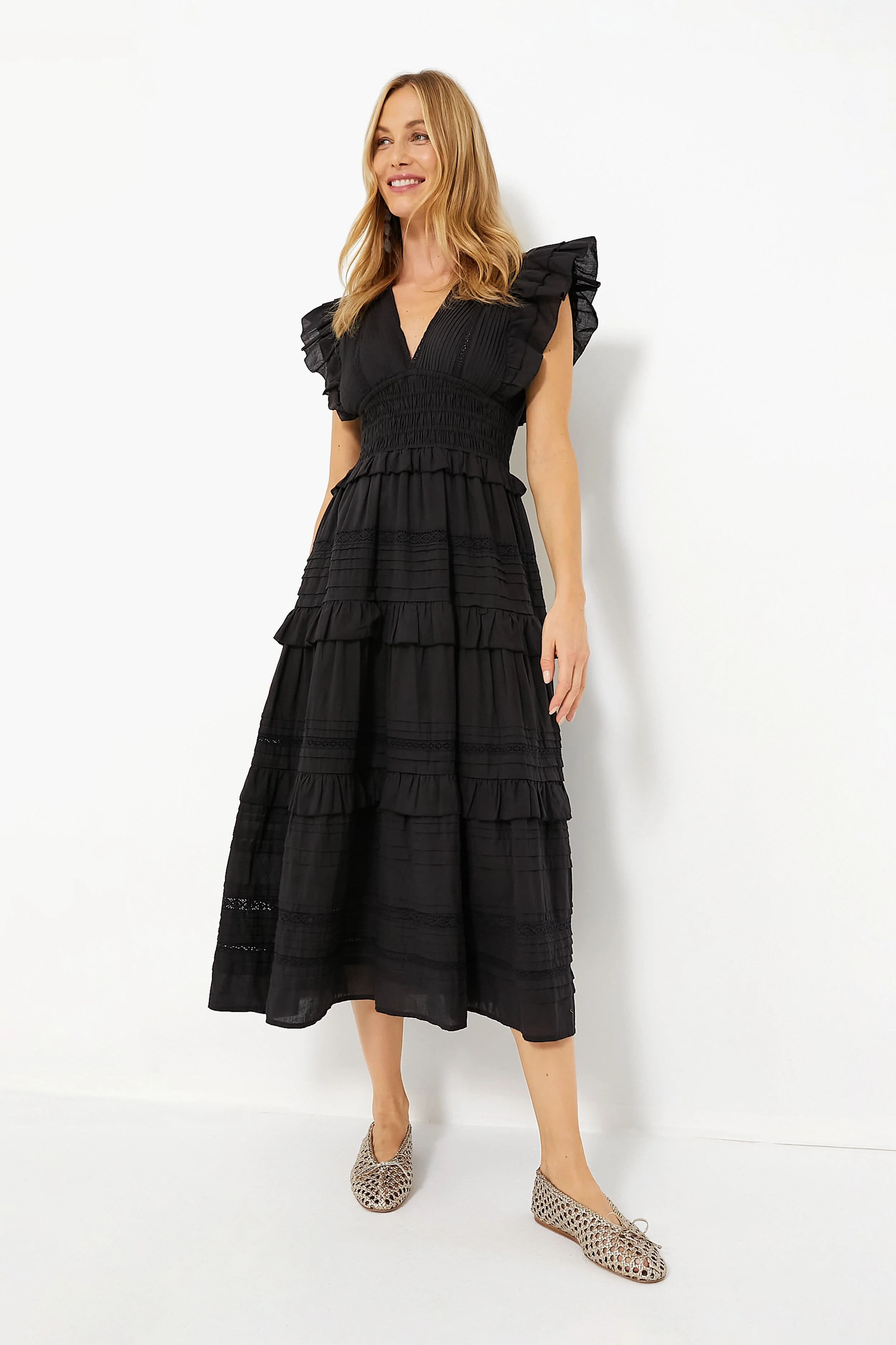 Black Loren Solid Cambric Flutter Sleeve V-Neck Dress | Tuckernuck (US)