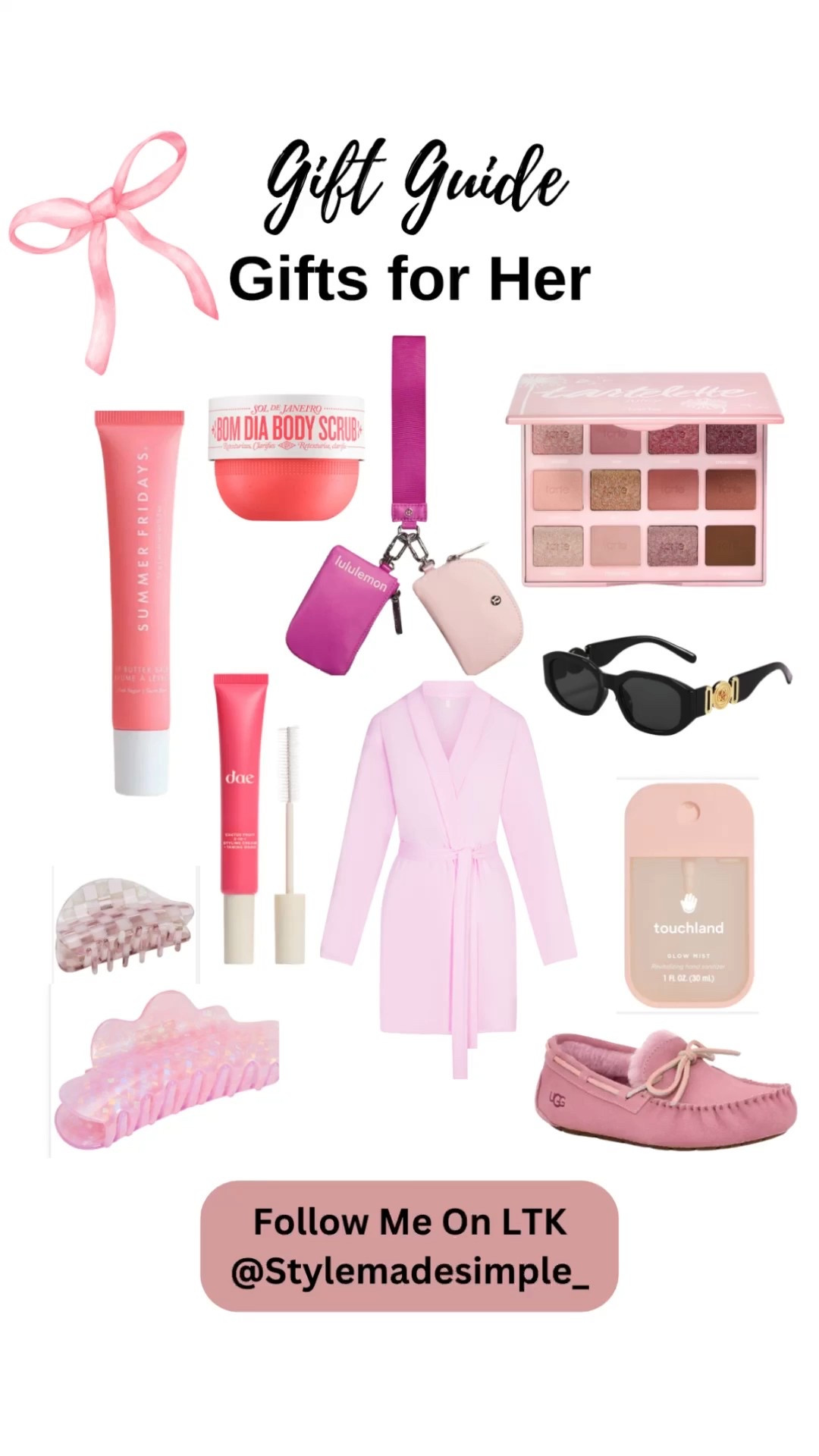 🎀Gifts for the girly girl , gifts for it girl, gifts for her, gift guide for the homebody , gifts for the beauty lover , tarte eyeshadow makeup pallet, skims pink robe, summer Fridays pink lip butter , lululemon keychain, amazon Prada black sunglasses, sol de janeiro body scrub, UGG Pink Slippers for women , dae hair tamer for fly aways 
#giftsforher

#LTKKids #LTKGiftGuide #LTKFindsUnder100