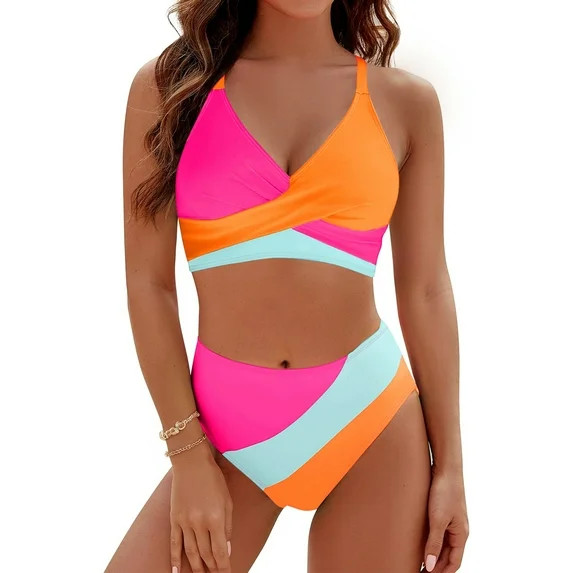 Rosvigor Womens Swimsuits Two Piece Bikini Sets Bathing Suits for Women Summer Color Block Swimwe... | Walmart (US)