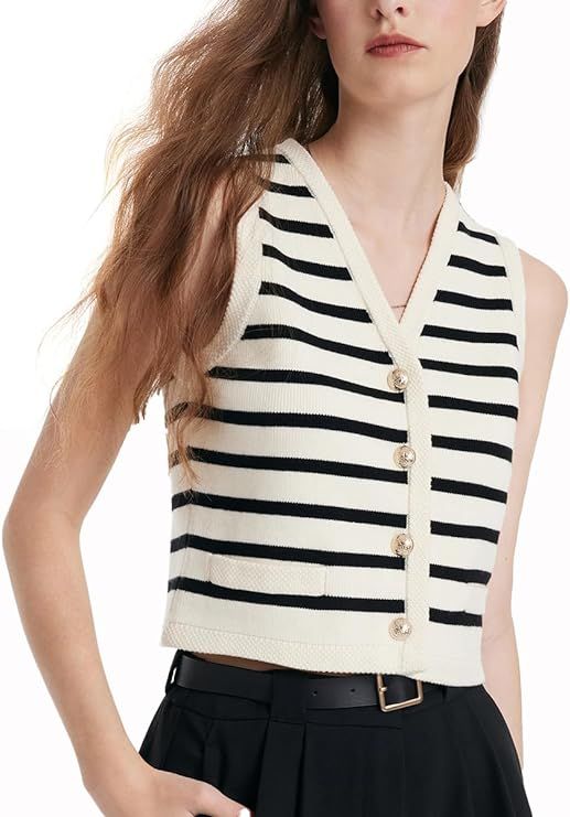 Women's Striped Sleeveless V Neck Knit Sweater Vest Cardigan Button Front Going Out Tops For Wome... | Amazon (US)