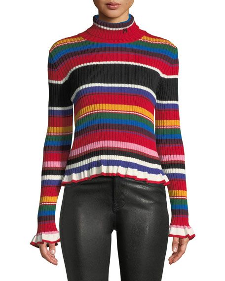 Striped Turtleneck Rainbow Ruffle Sweater | Neiman Marcus
