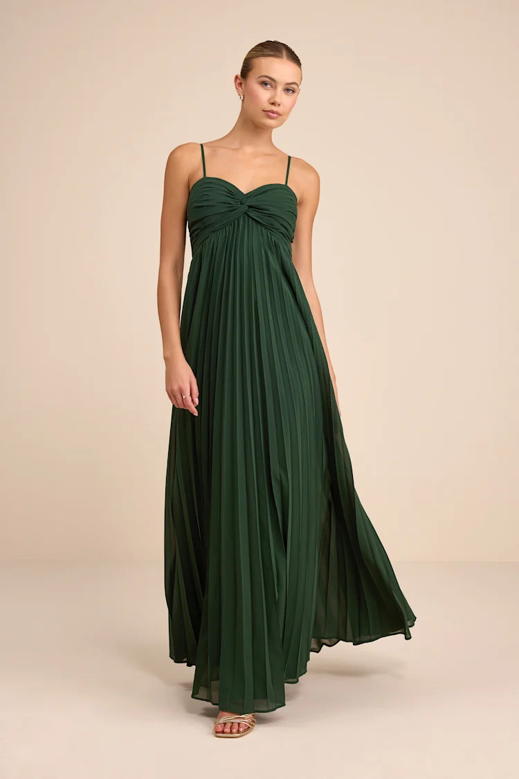 Jolette Emerald Pleated Knot-Front Maxi Dress | Lulus