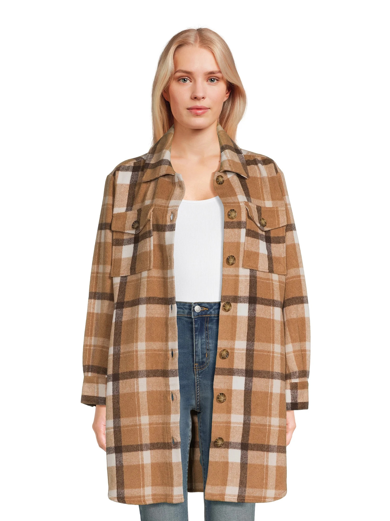 Time and Tru Women's Long Line Plaid Shacket, Sizes XS -XXXL | Walmart (US)