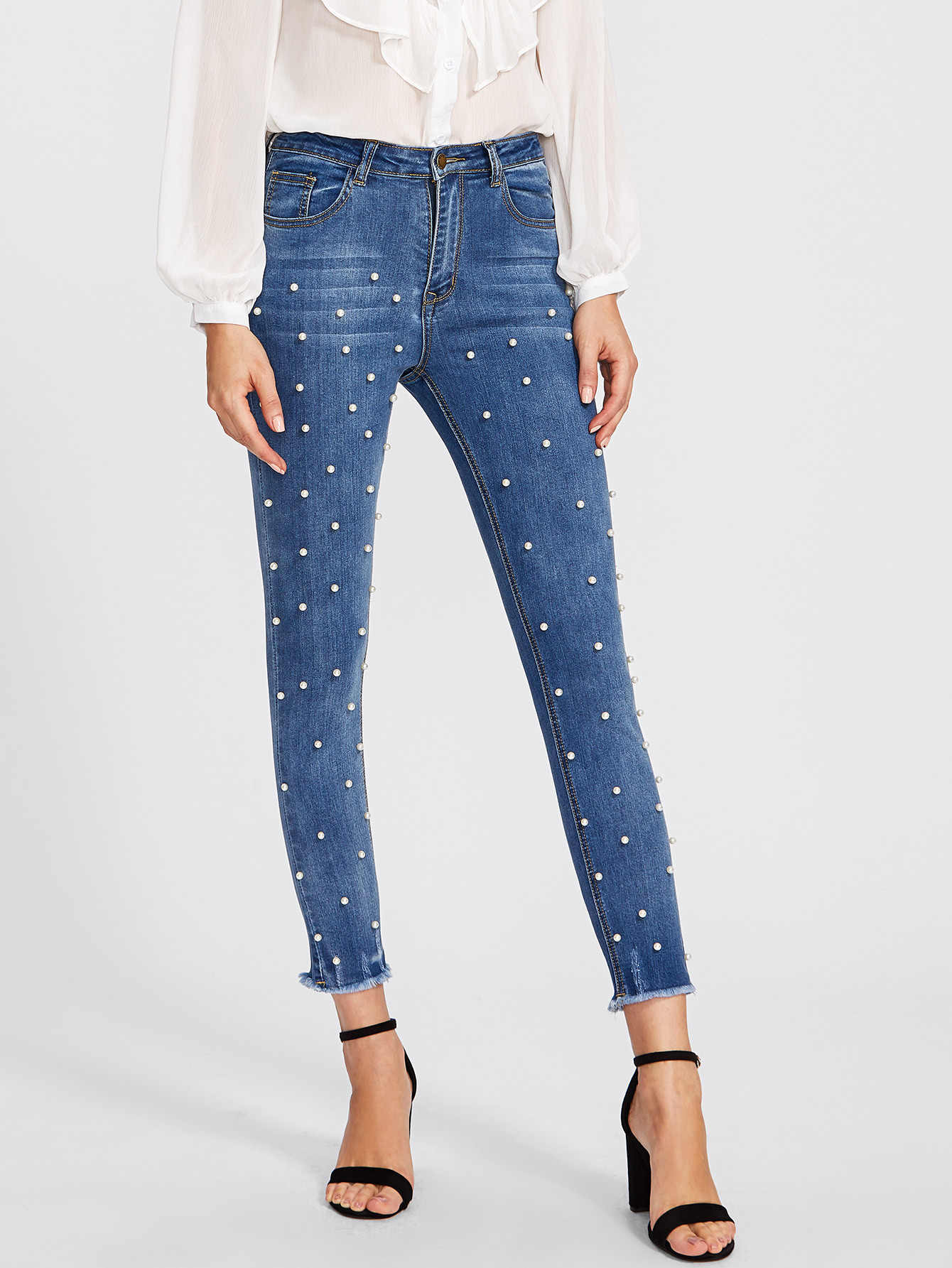 Pearl Beaded Frayed Hem Jeans | SHEIN