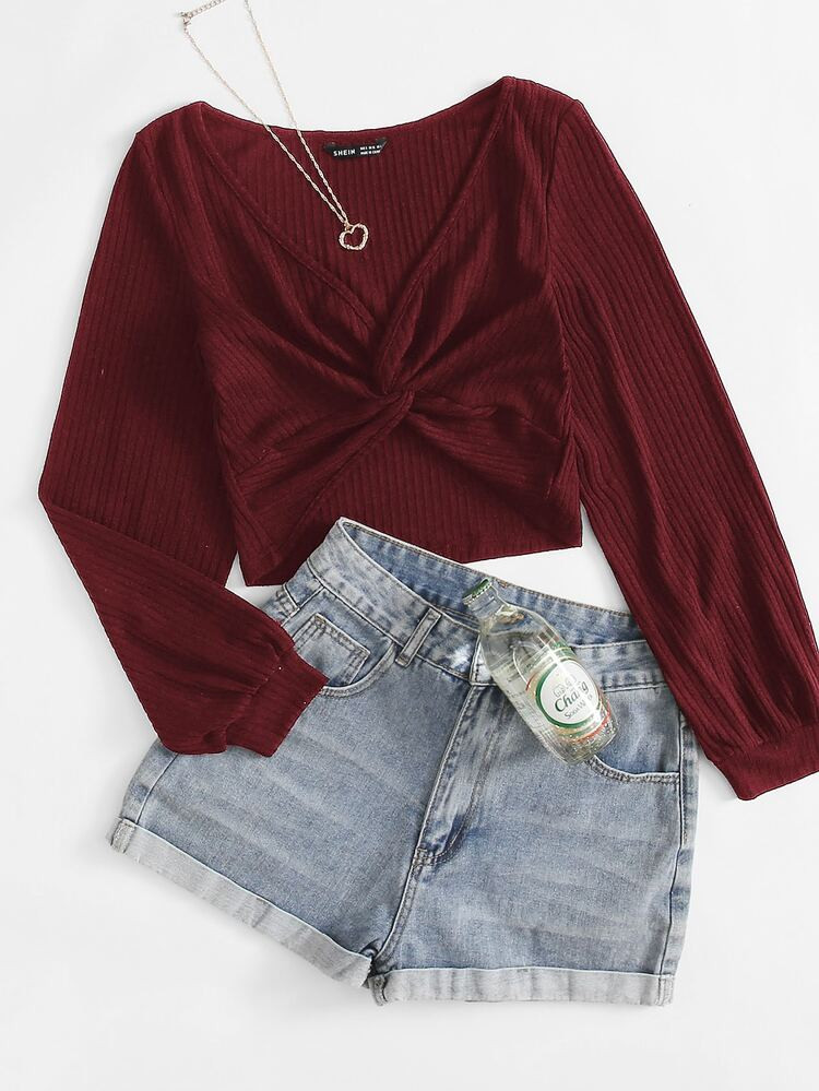 SHEIN Twist Front Rib-knit Solid Top | SHEIN