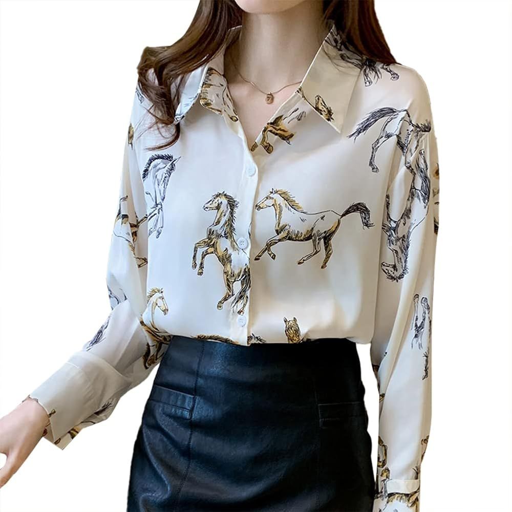 Women's Vintage Horse Print Long Sleeve Button Down Shirts DD637 | Amazon (US)