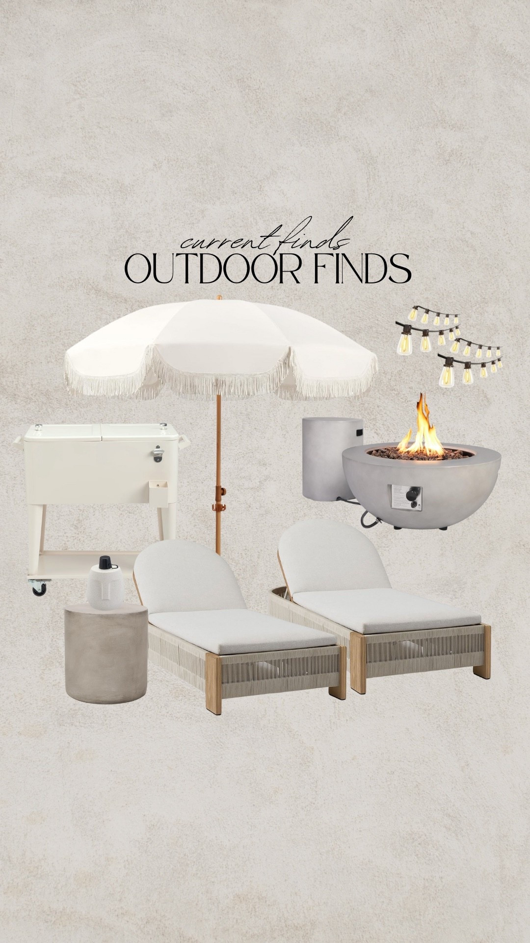 My current favorite outdoor finds to make your backyard an oasis. Modern organic patio furniture, modern organic backyard, Rope wood chaise lounge, arched, tasseled umbrella, outdoor umbrella, concrete table, outdoor side table, outdoor cooler, standing cooler with bottle opener, propane gas firepit, string lights, string light poles, tiki torch, table torch #ltkamazon

#LTKFindsUnder100 #LTKSeasonal #LTKHome