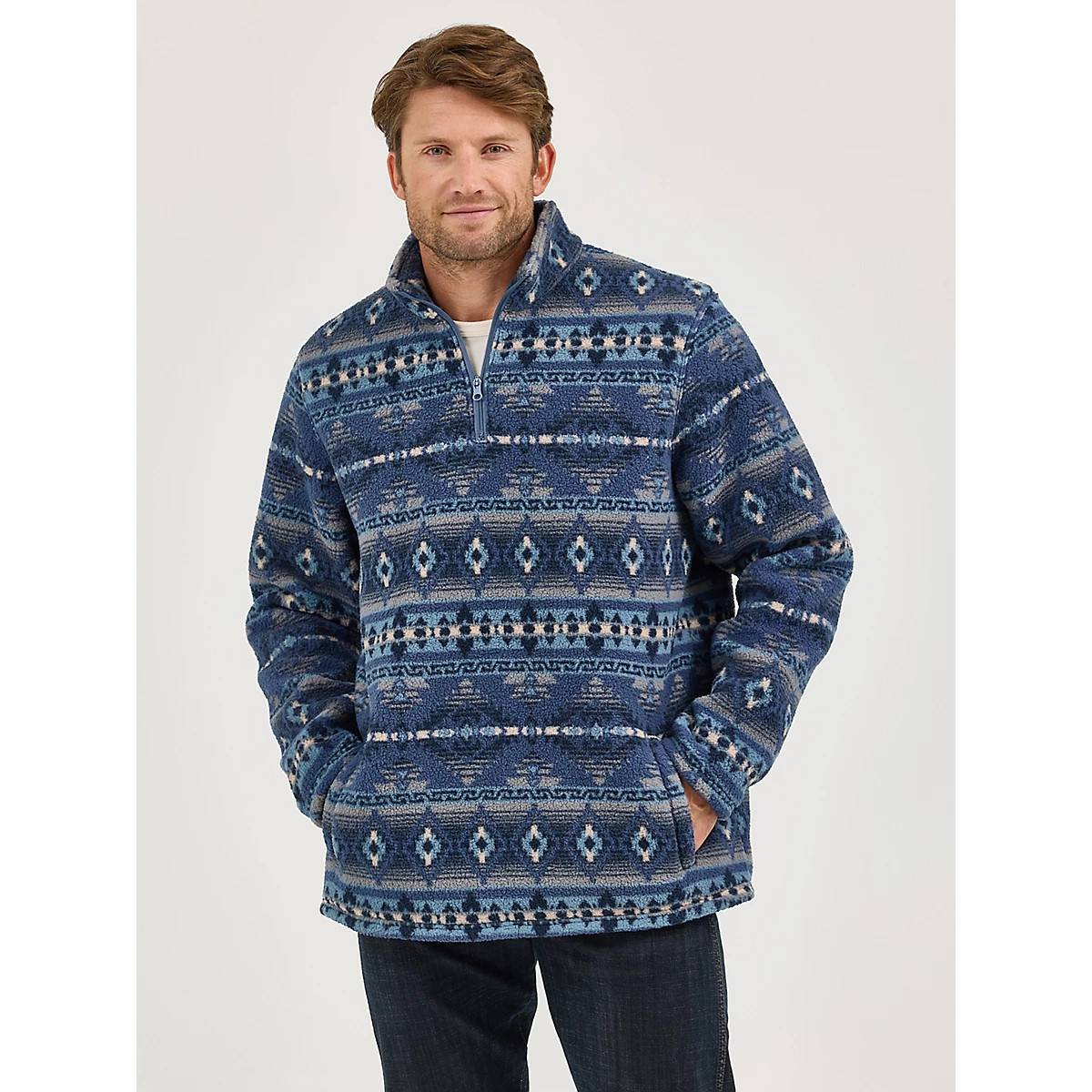 Men's Wrangler® Heavyweight Quarter-Zip Sherpa Pullover in Vintage Indigo | Wrangler