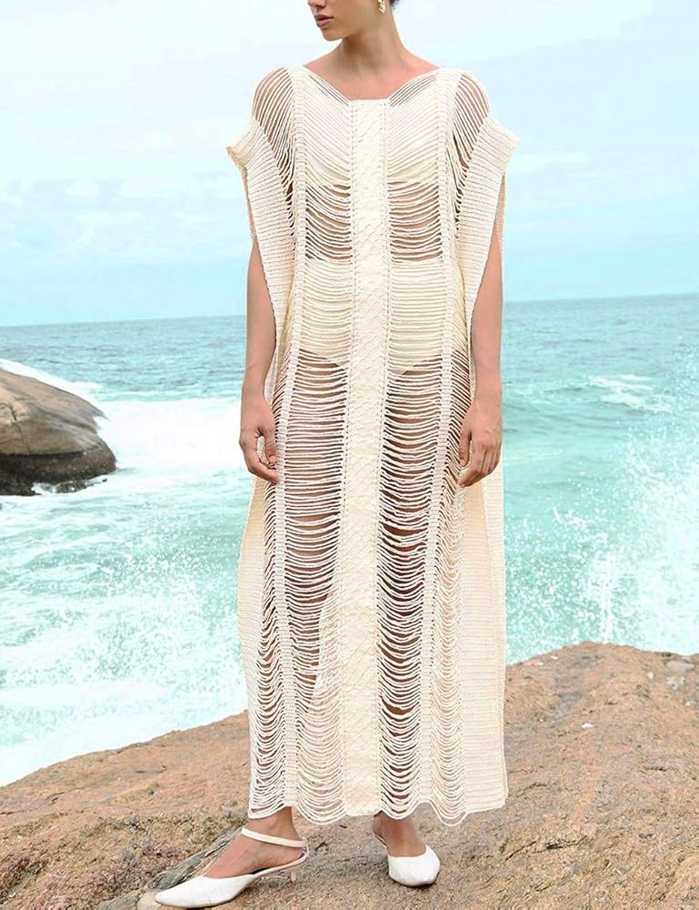 Bsubseach Women Lace Up V Neck Long Sleeve Crochet Swimsuit Cover Up Dress | Amazon (US)