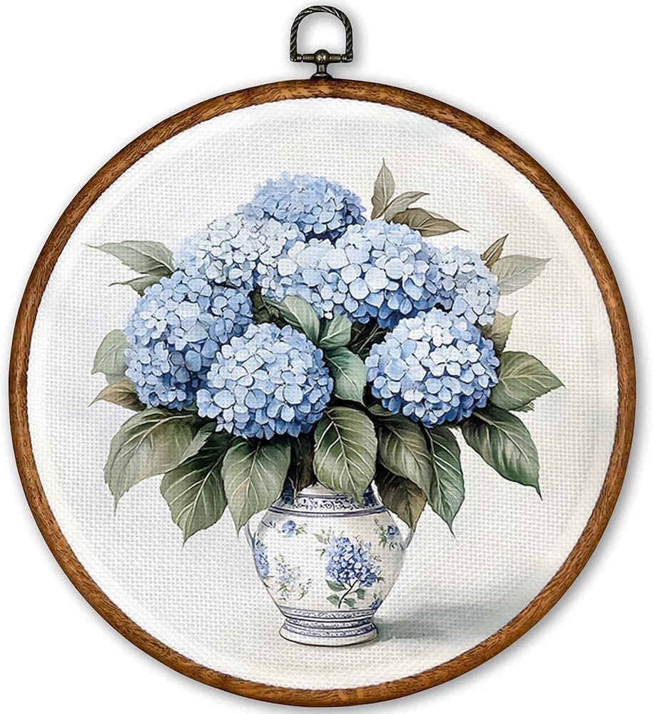 TLESKE Vintage Blue Hydrangea Flowers Round Wall Art Decor, Chinoiserie Spring Floral Framed Canv... | Amazon (US)