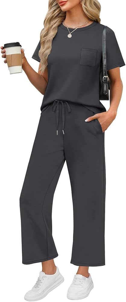 WIHOLL 2 Piece Sets for Women Casual Summer Travel Vacation Outfits Short Sleeve Wide Leg Crop Pa... | Amazon (US)